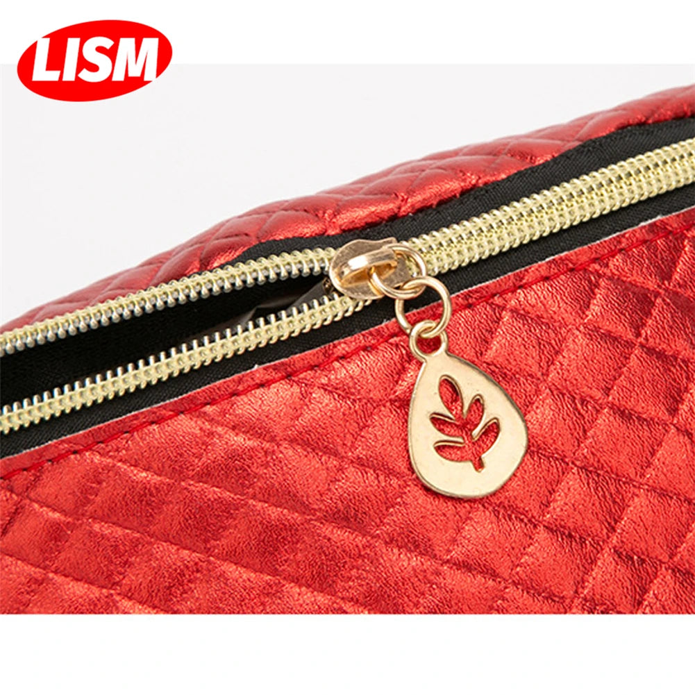 Women's Embossed Rhombus Waist Bag One-Shoulder Phone Bag Red Silver