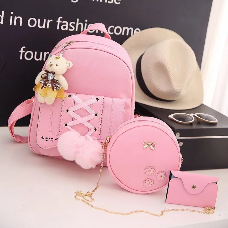 Women's PU Student Backpack Wallet Satchel Three Piece Set
