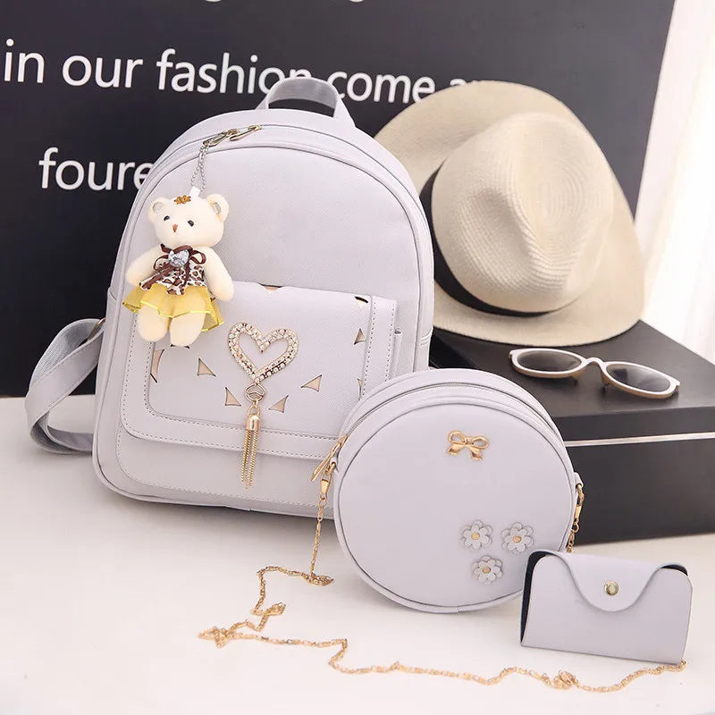 Women's PU Student Backpack Wallet Satchel Three Piece Set