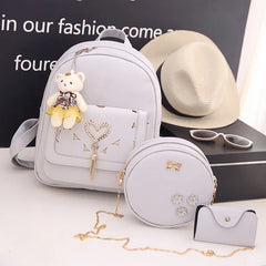 Women's PU Student Backpack Wallet Satchel Three Piece Set