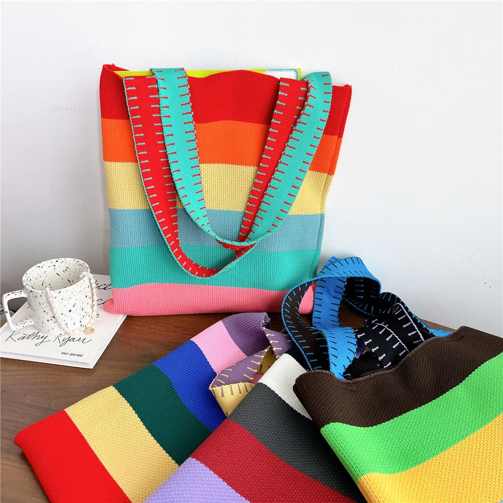 Women's Striped Handbag Student Knitting Shoulder Bag