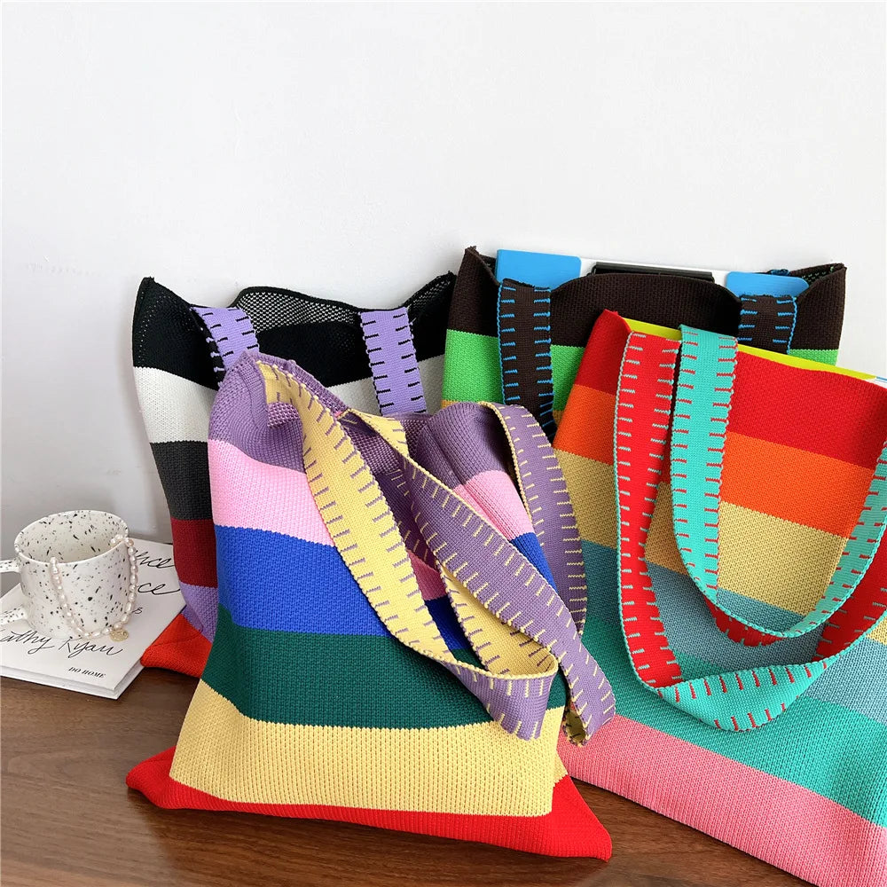 Women's Striped Handbag Student Knitting Shoulder Bag