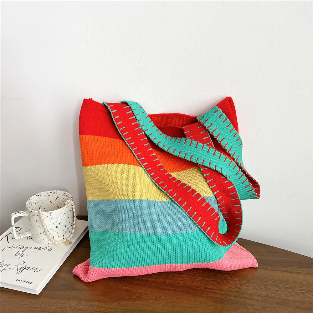 Women's Striped Handbag Student Knitting Shoulder Bag