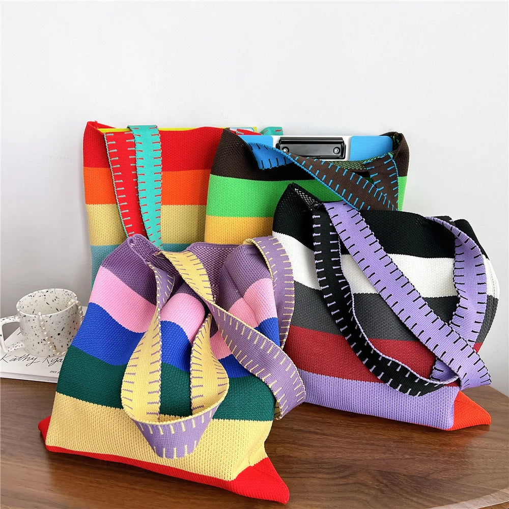 Women's Striped Handbag Student Knitting Shoulder Bag