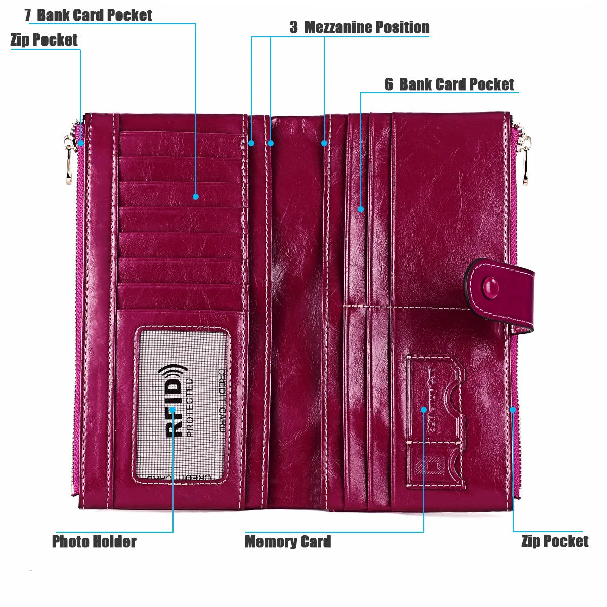 Women's Leather Clutch Long Wallet Oil Wax Coin Purse