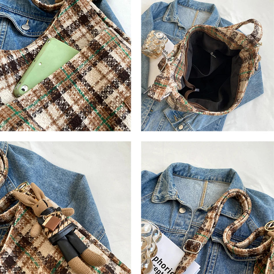 Wool Knitting Large Capacity Women Handbag Winter Checker Shoulder Bag