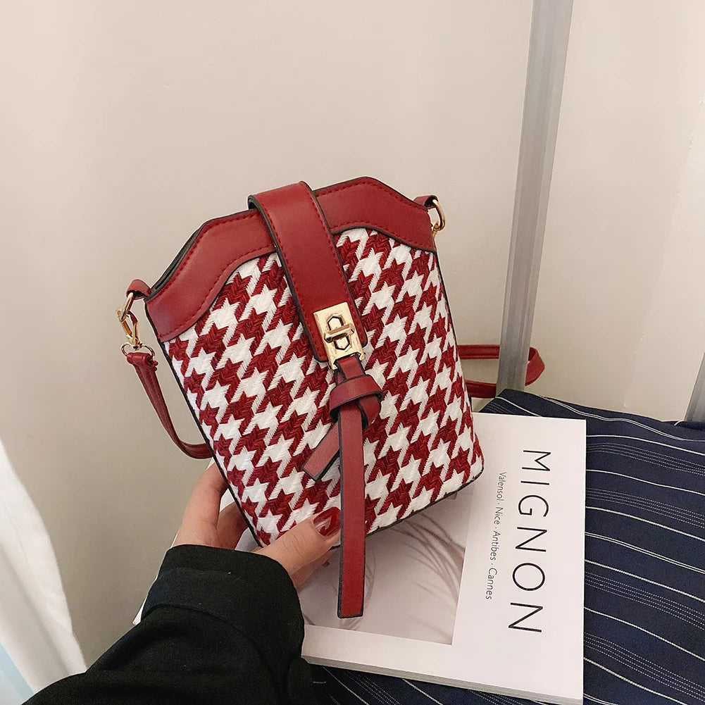 Woolen Splicing Messenger Bag Women PU Casual Bucket Shoulder Pouch