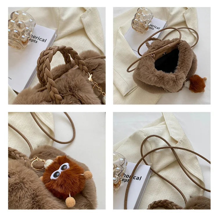 Woven Hand Plush Shoulder Bag Winter Tote Faux Fur Top-handle Bag