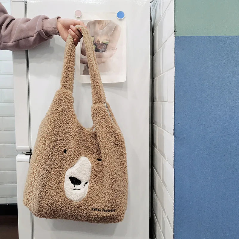 Embroidered Lamb Hair Shoulder Bag for Girls, Autumn/Winter, Large Capacity