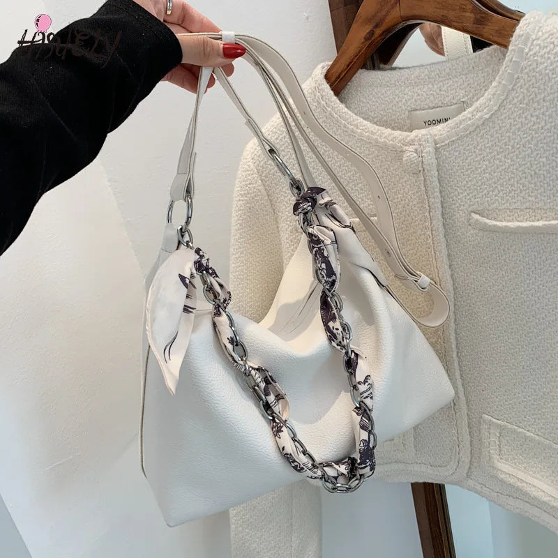 Women's Silk Scarf Shoulder Bag PU Messenger Tote
