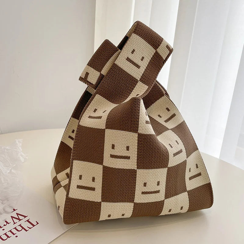 Plaid Knitted Women's Wool Tote Bag Handbag