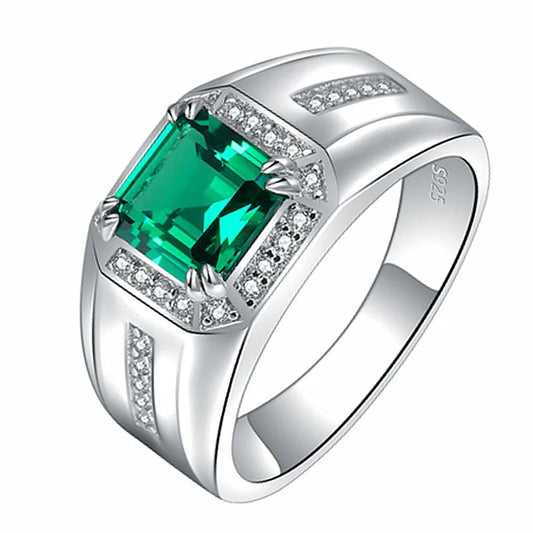 Green Emerald Crystal Men's Wedding Band Silver Jewelry