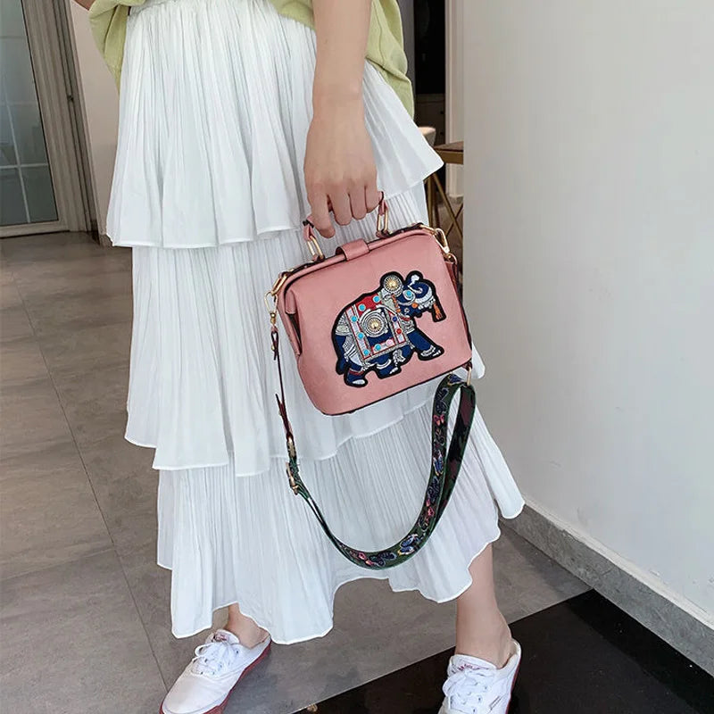 Embroidered Elephant Pattern PU Handbag