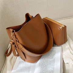 Wide Strap Bucket Bag Women Shoulder Bags PU Crossbody Bag Large Capacity