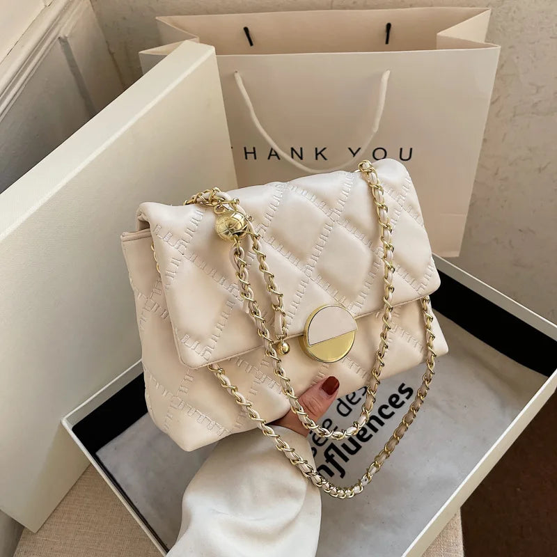 Solid Chain Shoulder Bag with Square Lock for Women