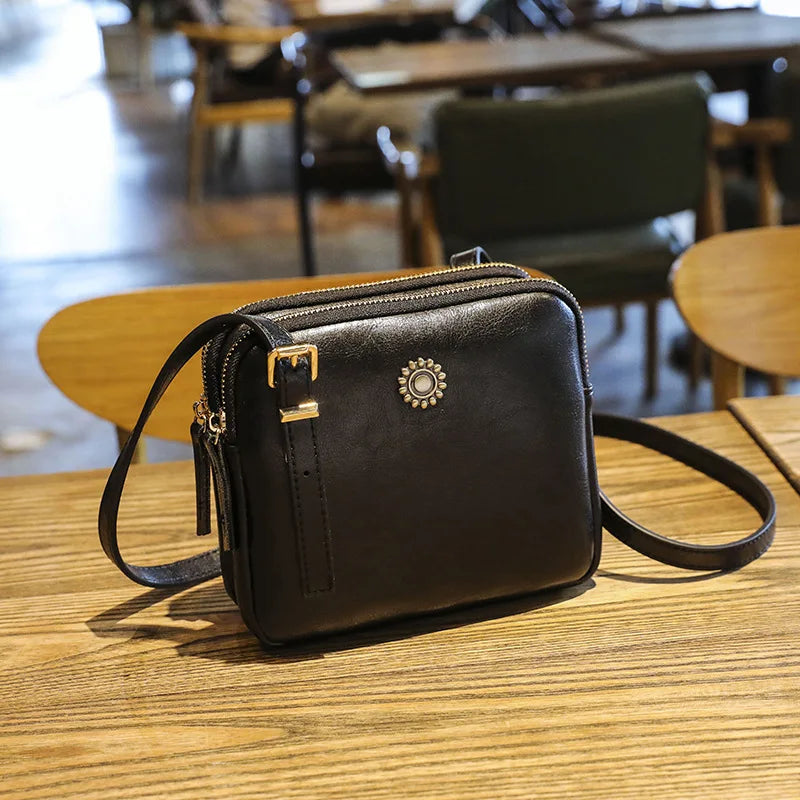 Women's Double Zipper Shoulder Bag Retro Casual Small Square Bag