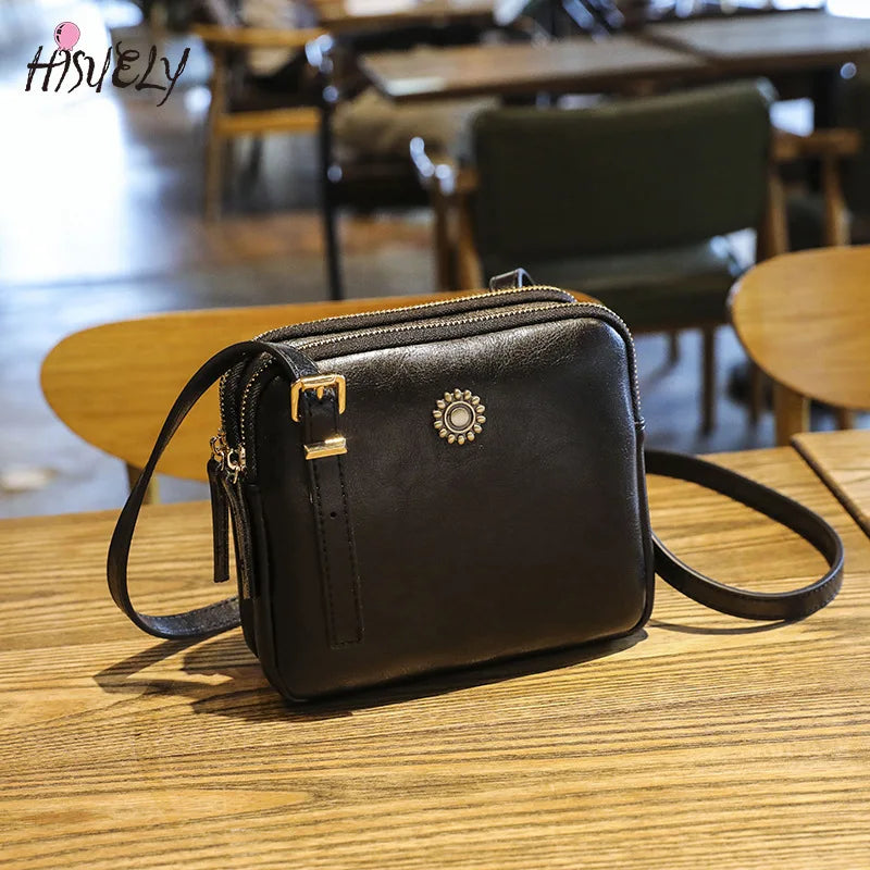 Women's Double Zipper Shoulder Bag Retro Casual Small Square Bag