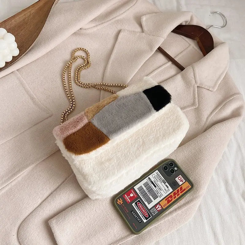 Plush Chain Shoulder Bag Retro Soft PU Phone Bag