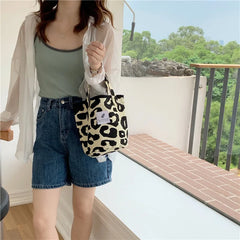 Leopard Canvas Tote Bag Women Shoulder Bag Bucket Bag