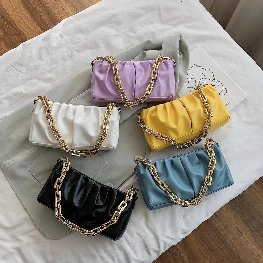 Women PU Leather Evening Clutch Bag Solid Pleated Chain Handbag