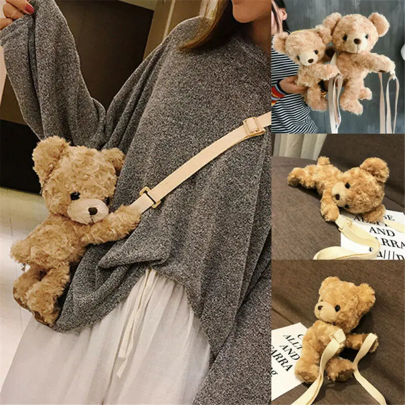Faux Fur Bear Head Purse Cartoon Female Handbag Fluffy Teddy Shoulder Bag