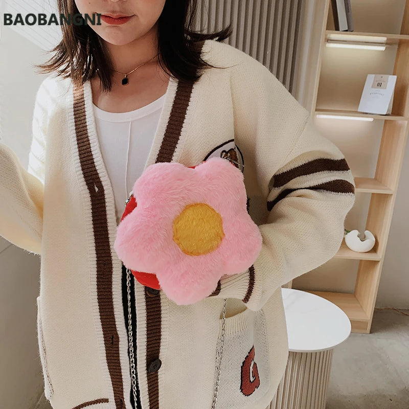 Faux Fur Flower Crossbody Bag Plush Women's Shoulder Messenger Bag