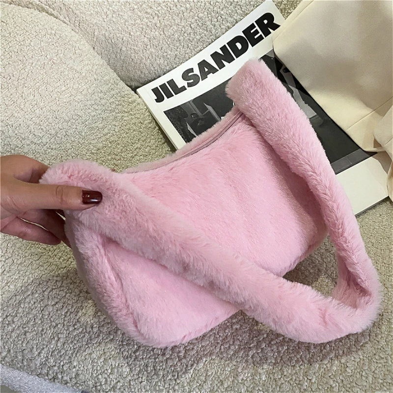 Faux Fur Women's Underarm Bag Soft Plush Tote Winter Shoulder Bags