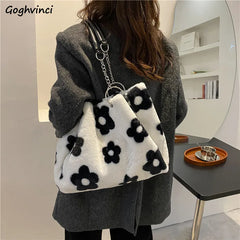 Faux Fur Floral Shoulder Bag Winter Tote Chains