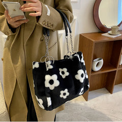 Faux Fur Floral Shoulder Bag Winter Tote Chains