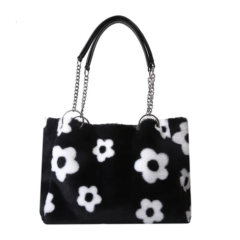 Faux Fur Floral Shoulder Bag Winter Tote Chains
