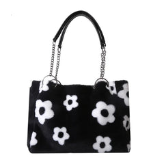 Faux Fur Floral Shoulder Bag Winter Tote Chains