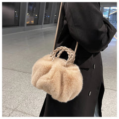 Faux Fur Small Totes With Woven Handle Soft Plush Women's Handbag