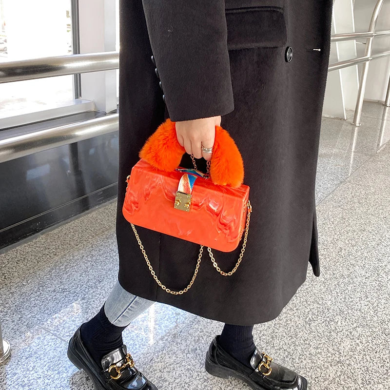 Faux Fur Handle Acrylic Clutch Purse for Women Evening Bag