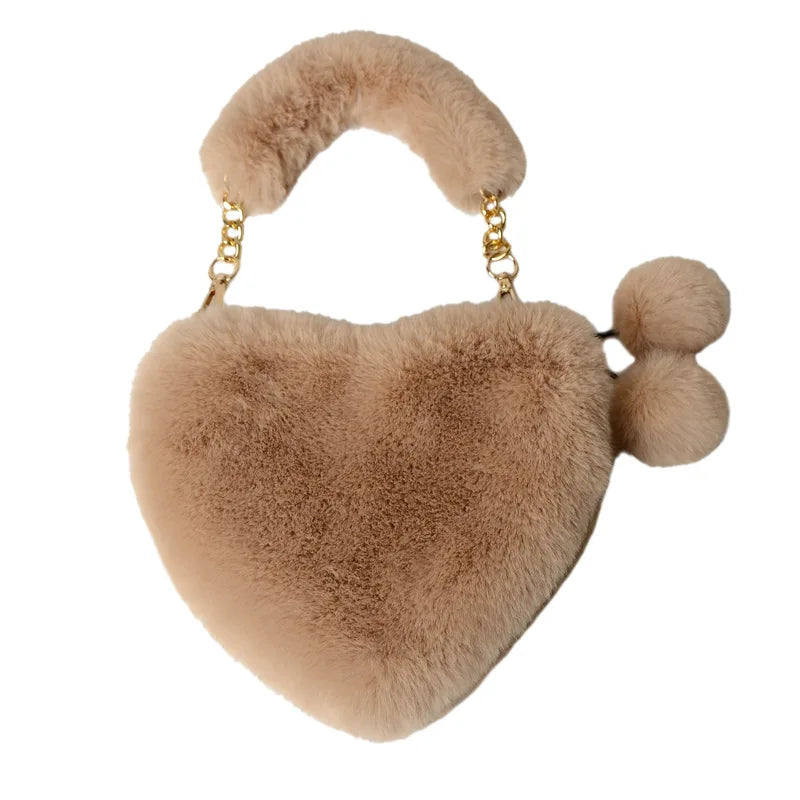 Faux Fur Winter Women Handbags Plush Heart Shaped Shoulder Bag