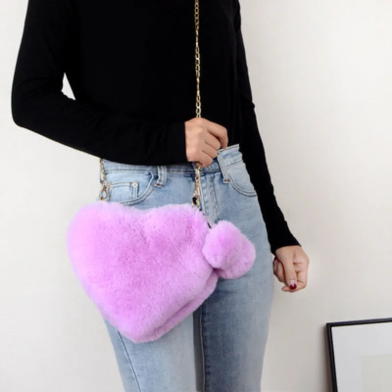 Heart Shaped Faux Fur Winter Shoulder Bag