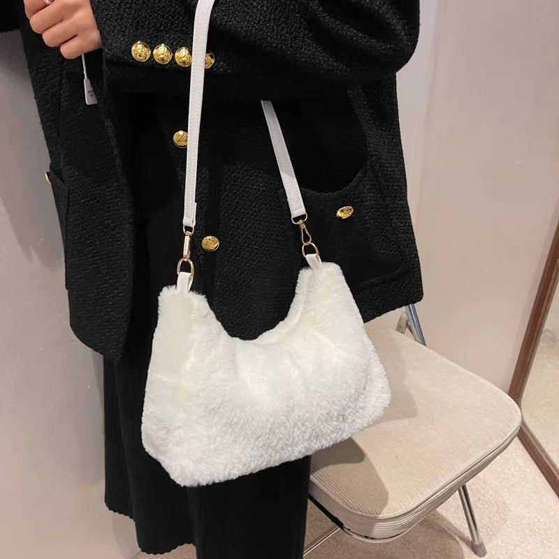 Faux Fur Shoulder Bag Soft Crossbody Winter Solid Handbag