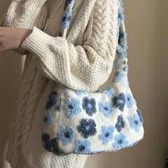 Plush Flowers Hobos Shoulder Bag for Women Large Capacity Tote Handbags