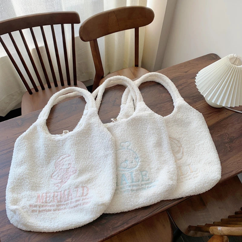 Faux Lamb Wool Women's Vest Shoulder Bag Embroidery Female Plush Tote Bags