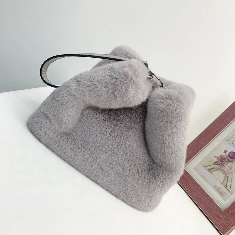 Faux Mink Fur Plush Ladies Shoulder Bucket Bags Crossbody Bag