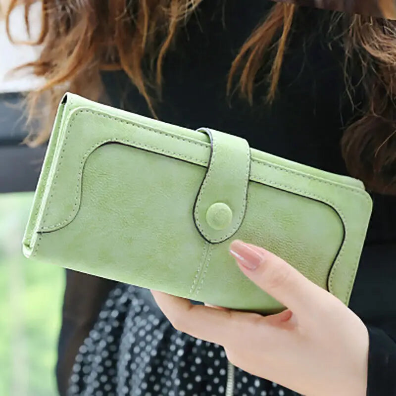 Vintage Frosted Buckle Long Wallet Matte Leather Lady Purse
