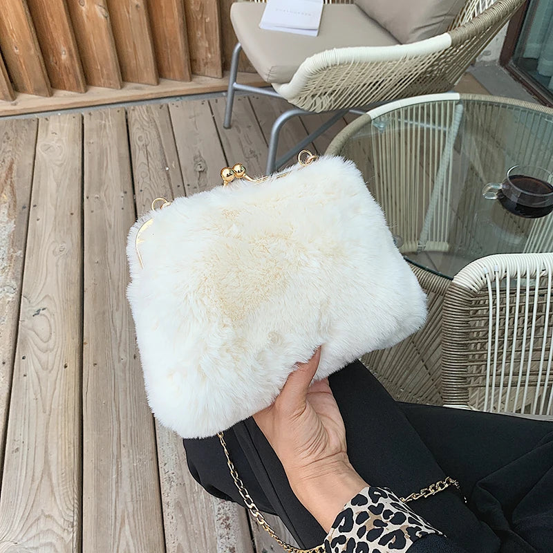 Faux Fur Women's Shoulder Bag Metal Chain Strap Messenger Bag