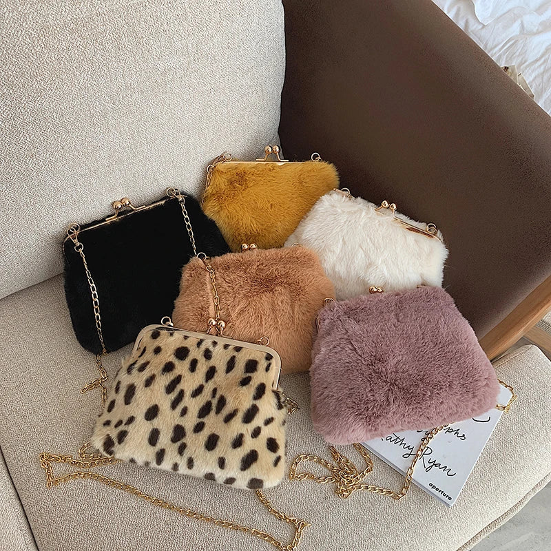 Faux Fur Women's Shoulder Bag Metal Chain Strap Messenger Bag