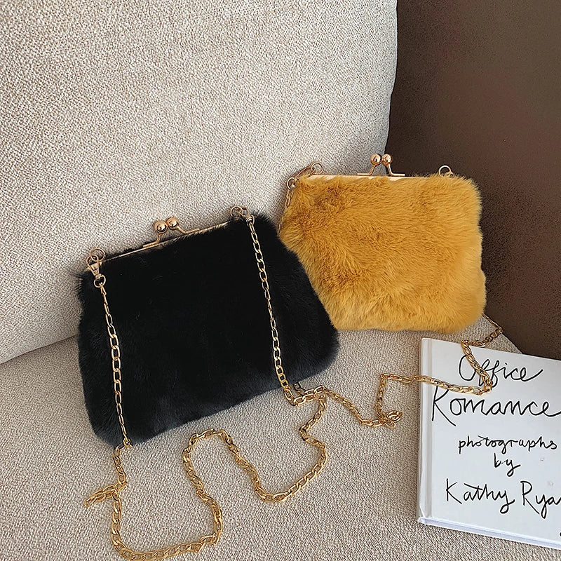 Faux Fur Women's Shoulder Bag Metal Chain Strap Messenger Bag