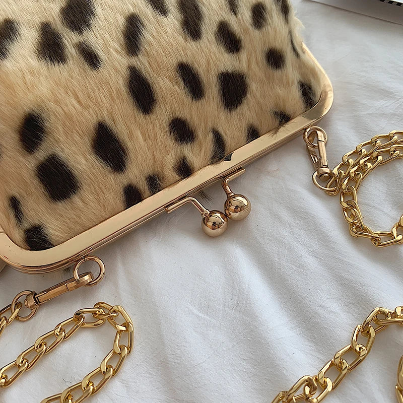 Faux Fur Women's Shoulder Bag Metal Chain Strap Messenger Bag