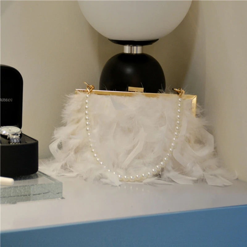 Ostrich Feather Handbag Evening Clutch Tote Party Money Bag