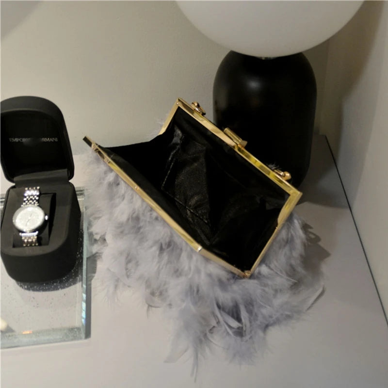 Ostrich Feather Handbag Evening Clutch Tote Party Money Bag