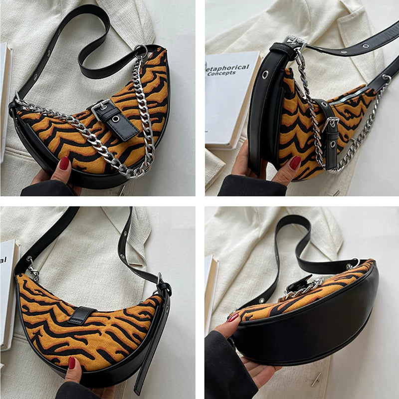 Leopard Print Crescent Bag Winter Retro Chain Armpit Women Handbags