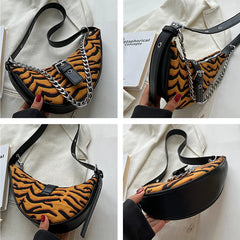 Leopard Print Crescent Bag Winter Retro Chain Armpit Women Handbags