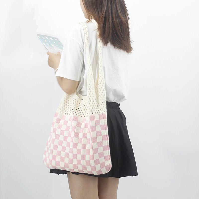 Vintage Crochet Eyelet Plaid High Capacity Shopping Bag