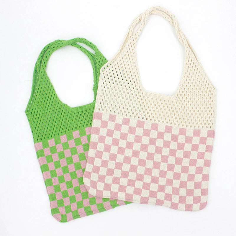 Vintage Crochet Eyelet Plaid High Capacity Shopping Bag